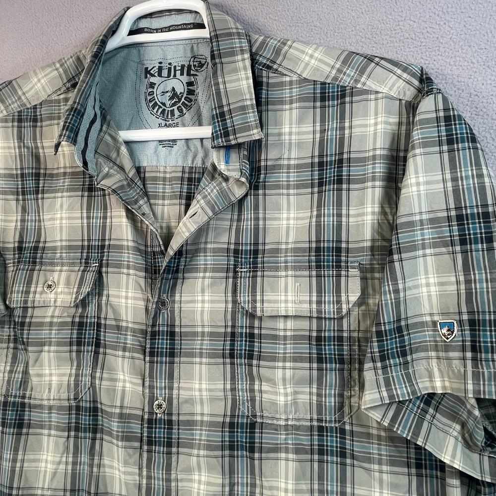 Kuhl Button Down Mens XL Grey Eloxur Plaid Short Sleeve Hiking Outdoor Shirt
